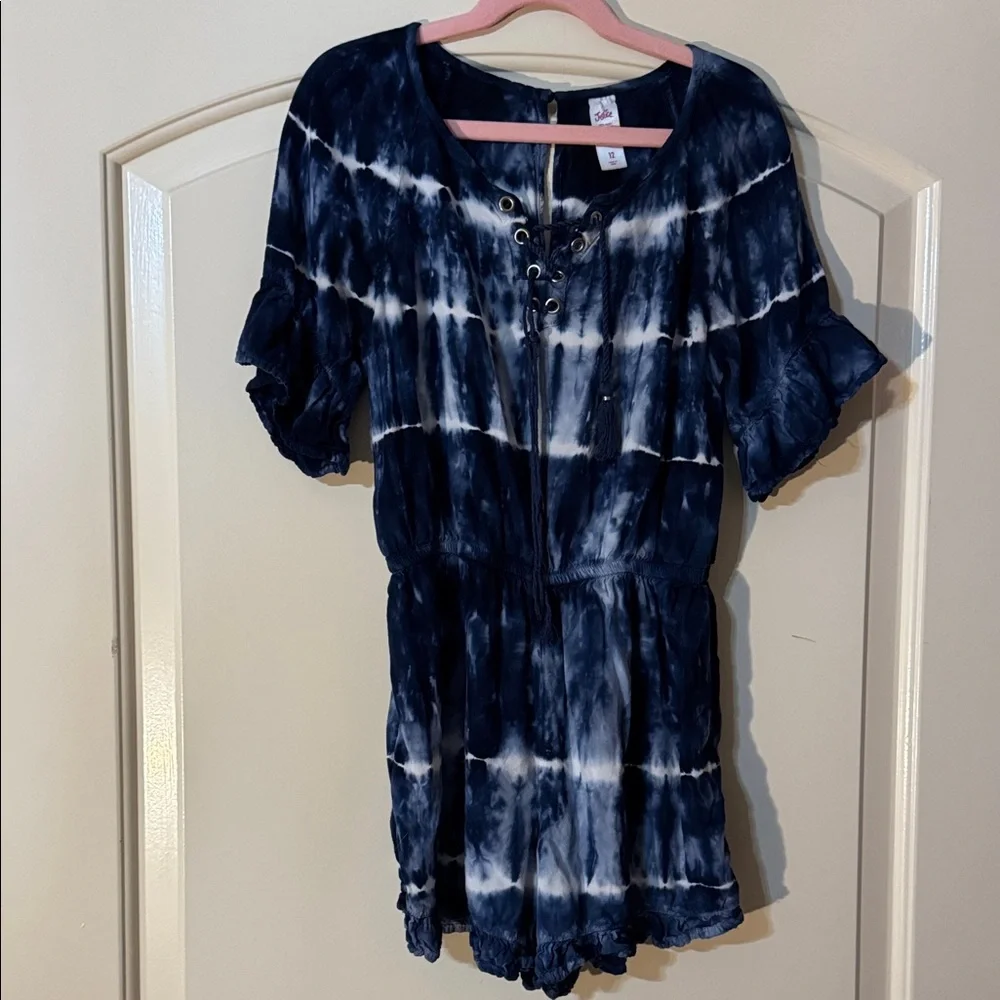 Justice Kids Girls Navy Blue Tie-Dye Lace-Up Tunic Romper Jumpsuit 12